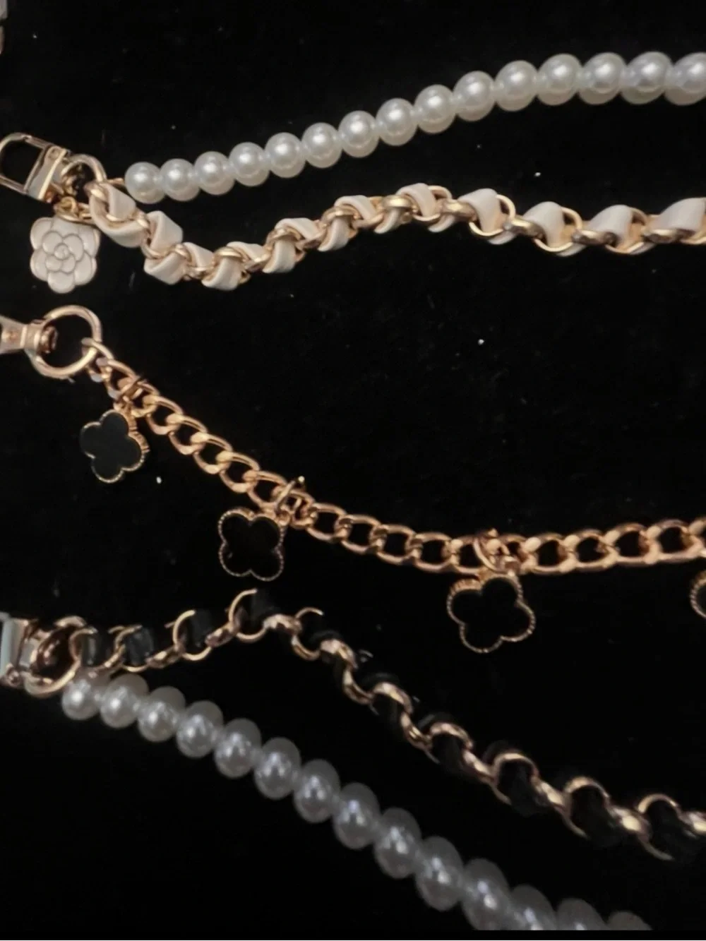 Pearl and Gold-Tone Chain Strap with Clover Charms for Purses/Bags